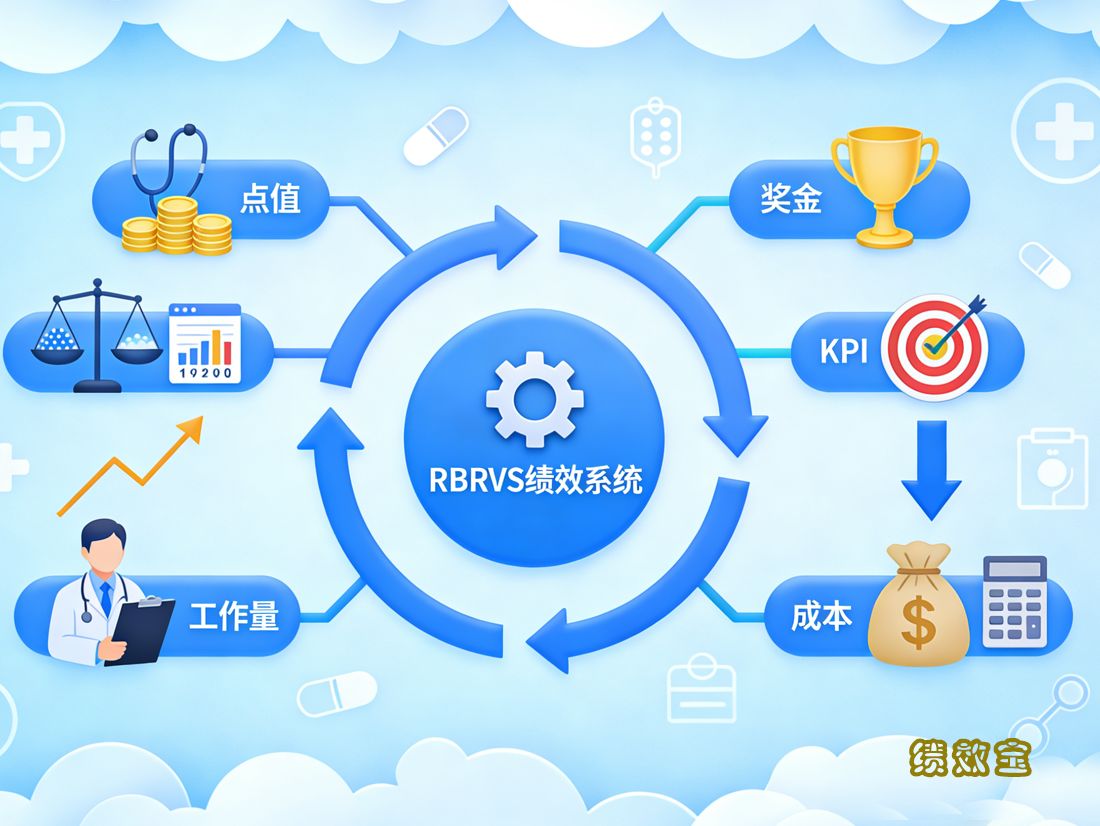 绩效宝RBRVS医院绩效管理系统界面展示，包含点值库配置、工作量核算、质控考核、单项奖管理和奖金分配功能
